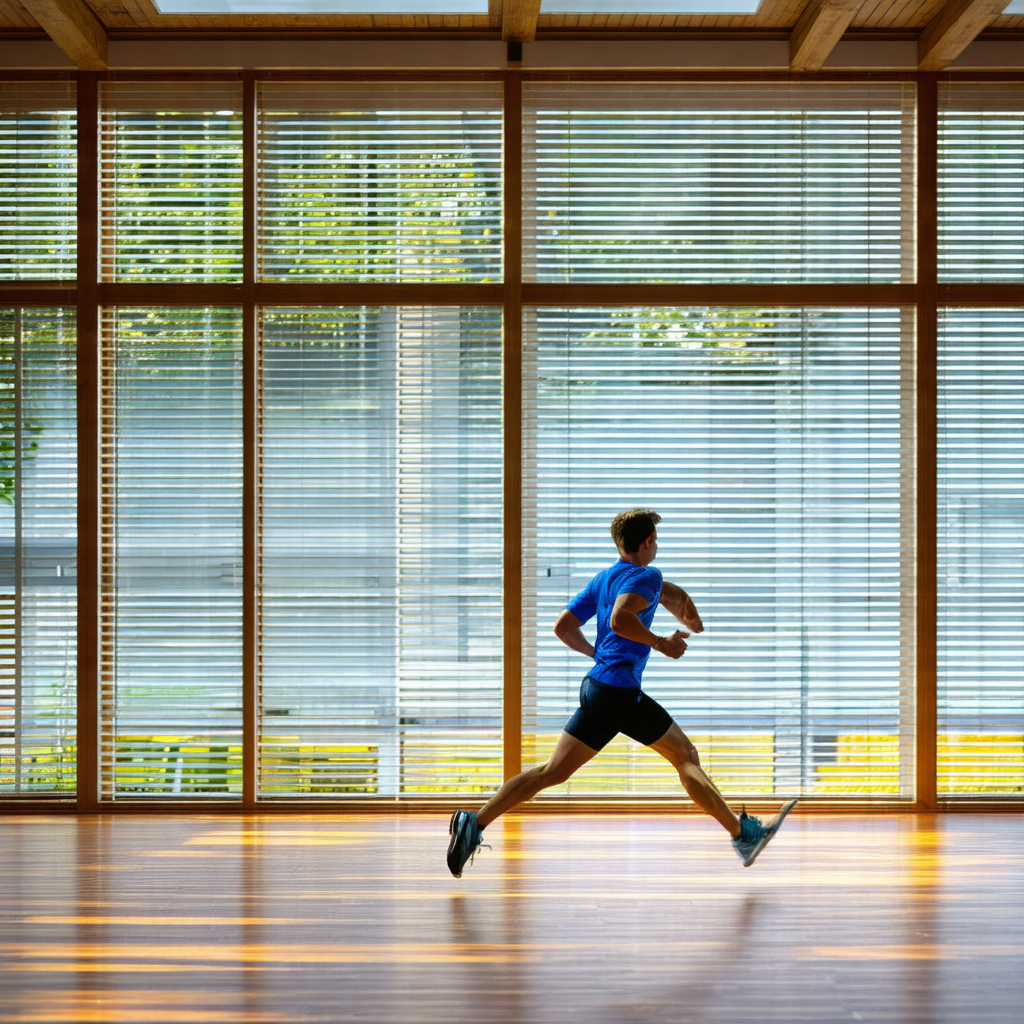 Man running in a room with large windows