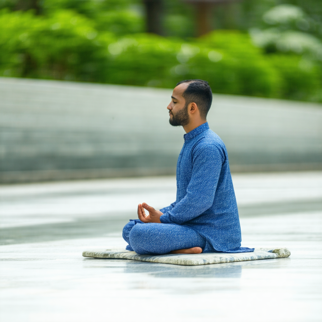 Man sitting on a rug in a peaceful outdoor setting