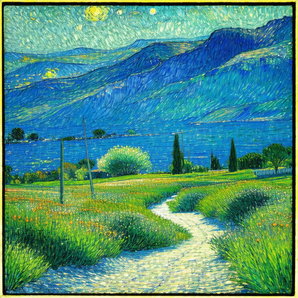 Painting of a beautiful landscape featuring a grassy fiel...