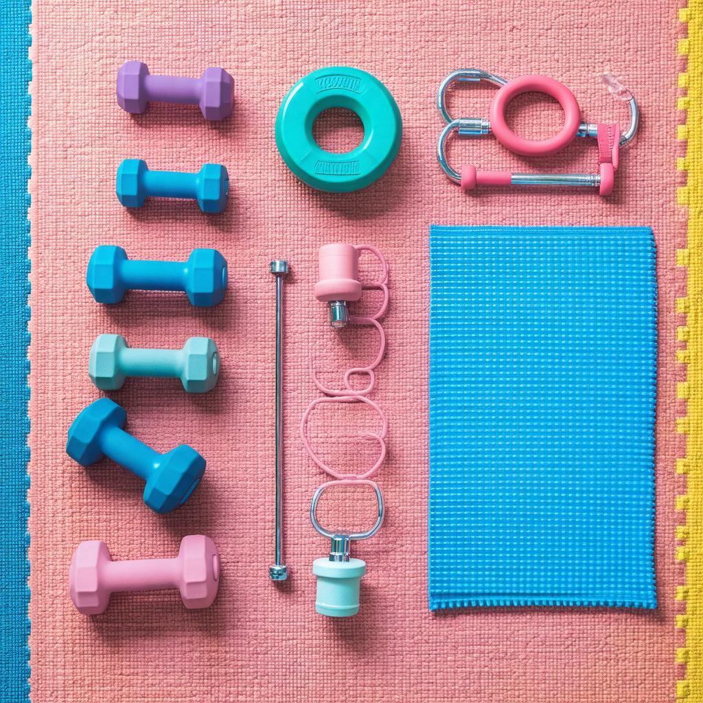 Pink and blue exercise mat with various gym equipment pla...