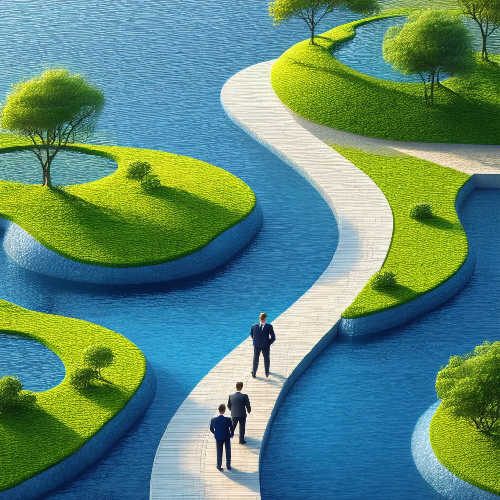 Group of three men walking down a path in a lush green fo...
