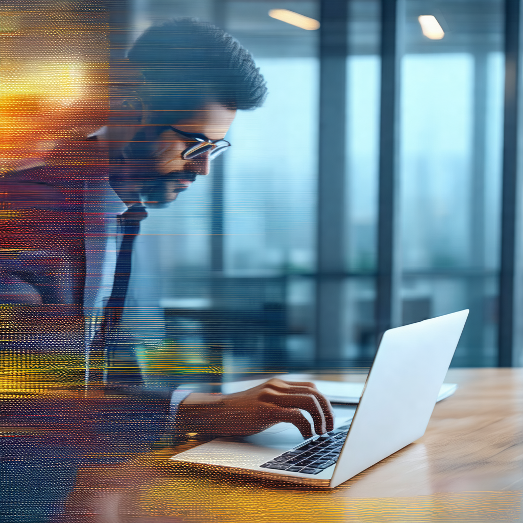 Man wearing glasses, sitting at a desk and working on a l...