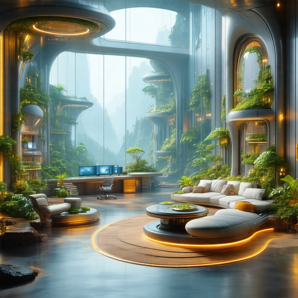 Futuristic living room with a large window that provides ...
