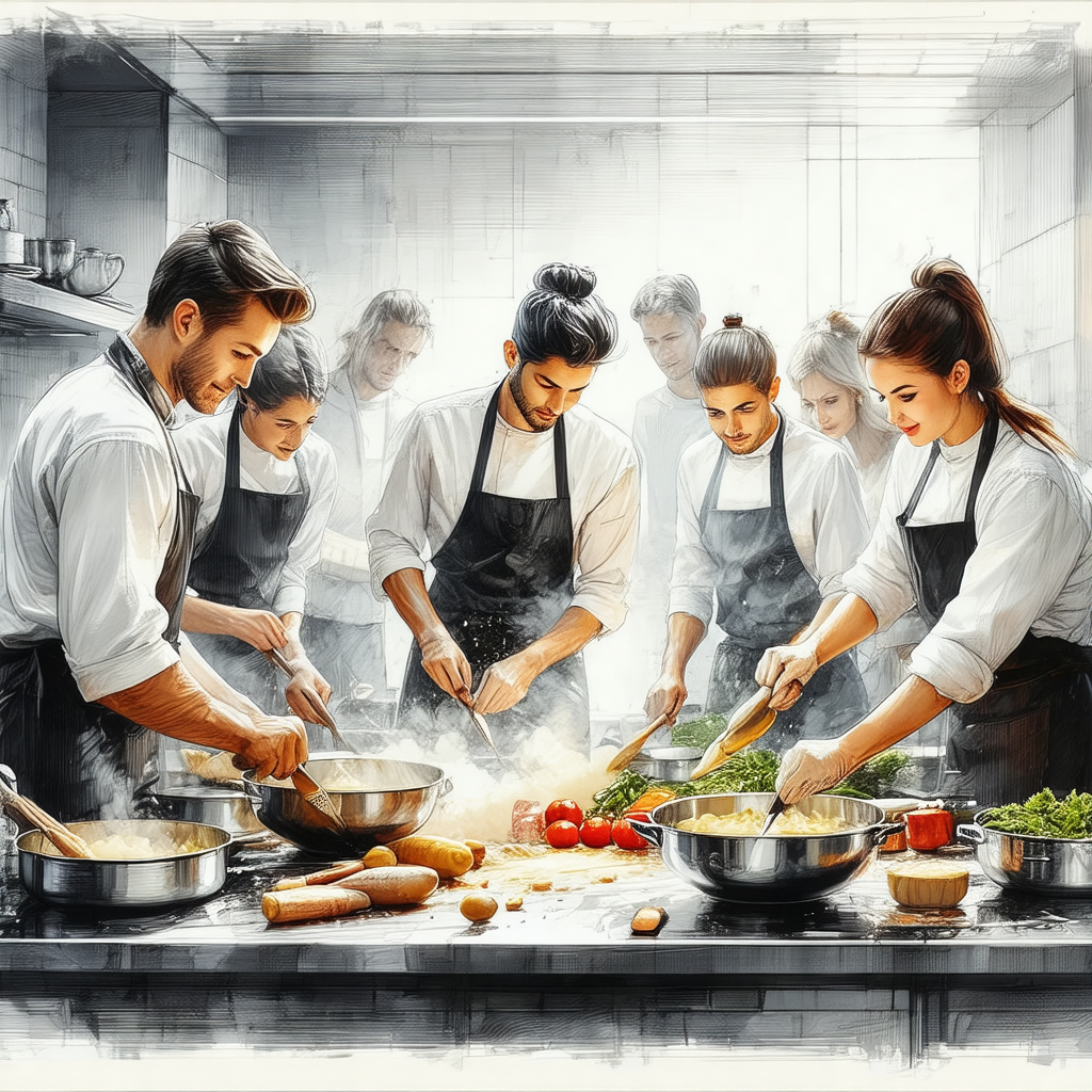 Group of people gathered in a kitchen, preparing food tog...