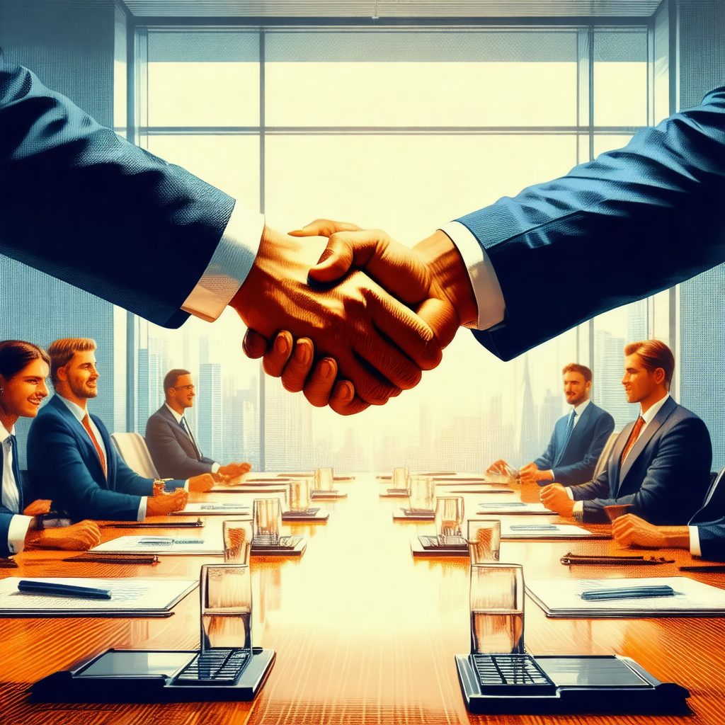 Group of businessmen gathered around a large conference t...