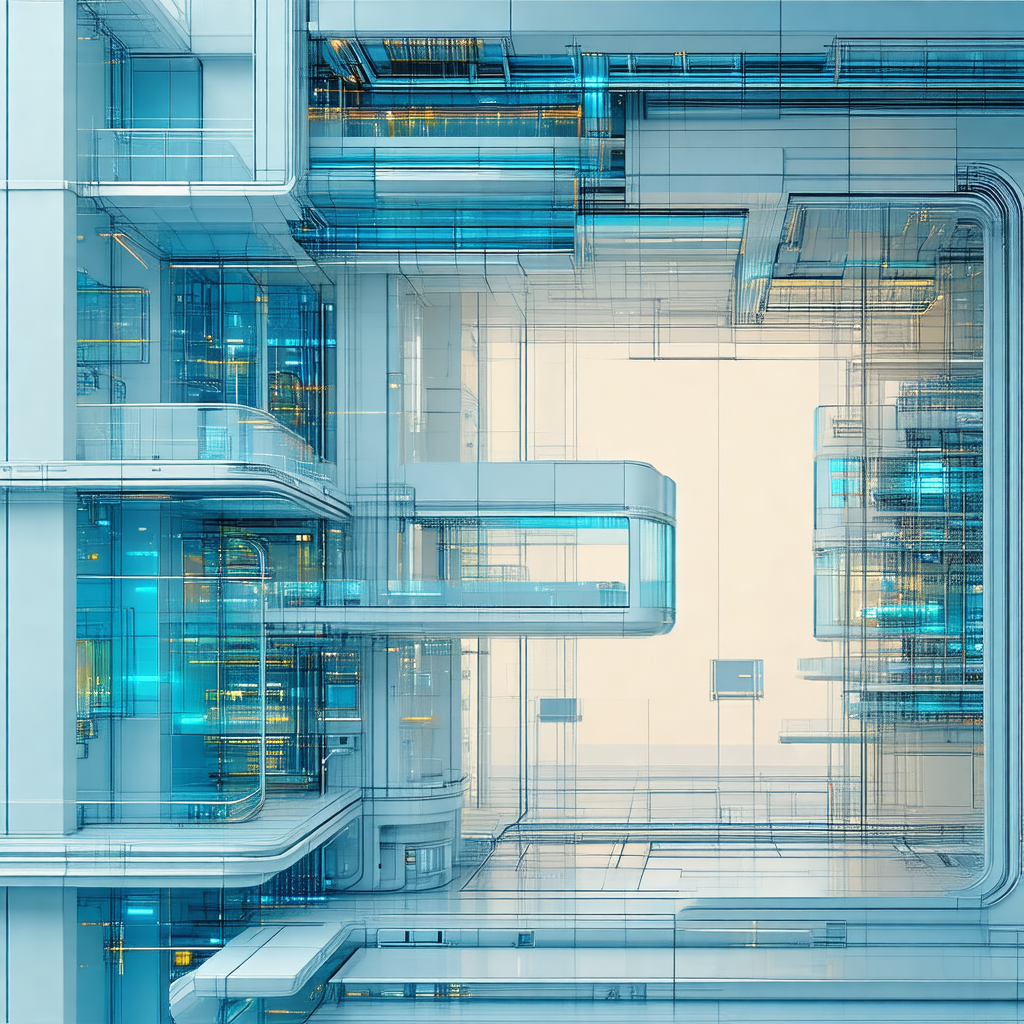 Blue and white 3d rendering of a futuristic building