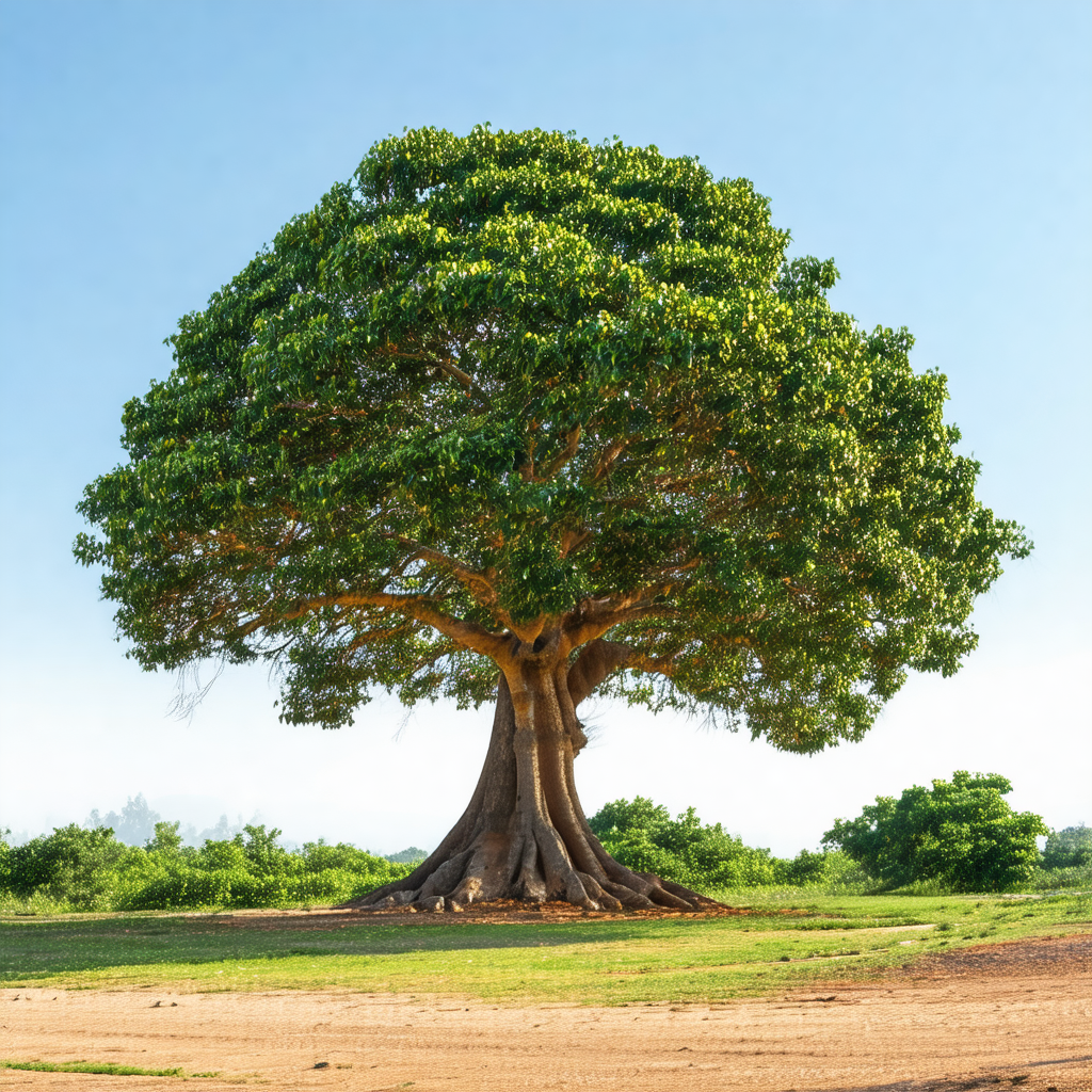 Large tree with a massive trunk, standing in a grassy field