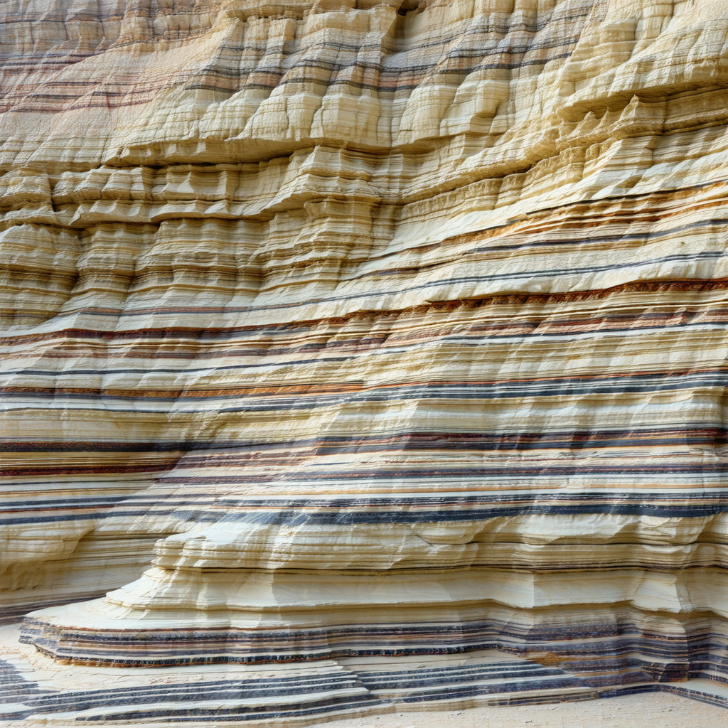 Large rock formation with a multicolored striped pattern