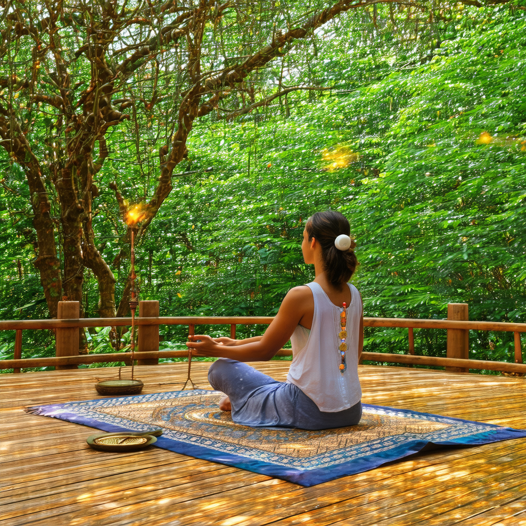 Woman sitting on a blue rug in a serene outdoor setting