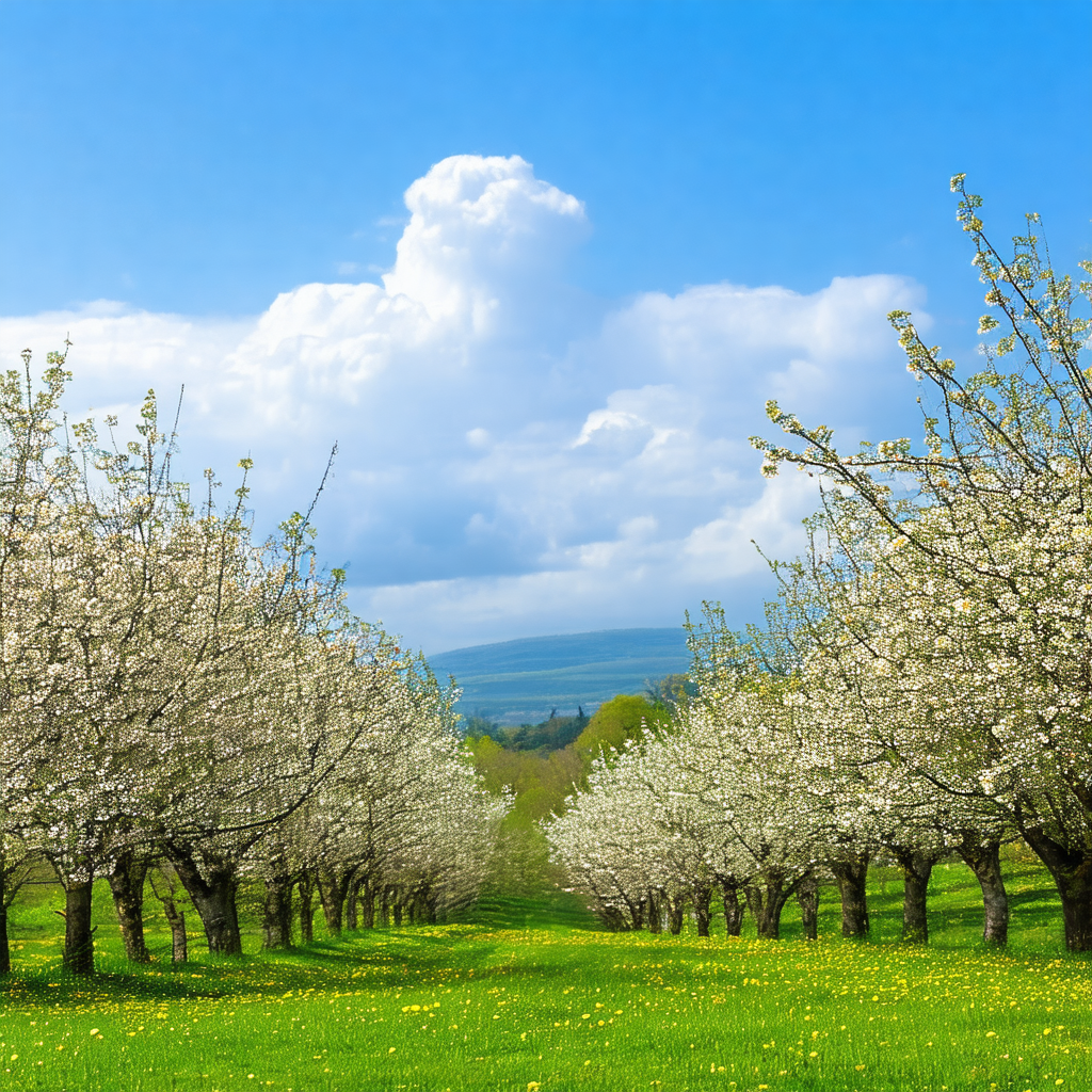 Beautiful, lush green field with a row of trees in the fo...