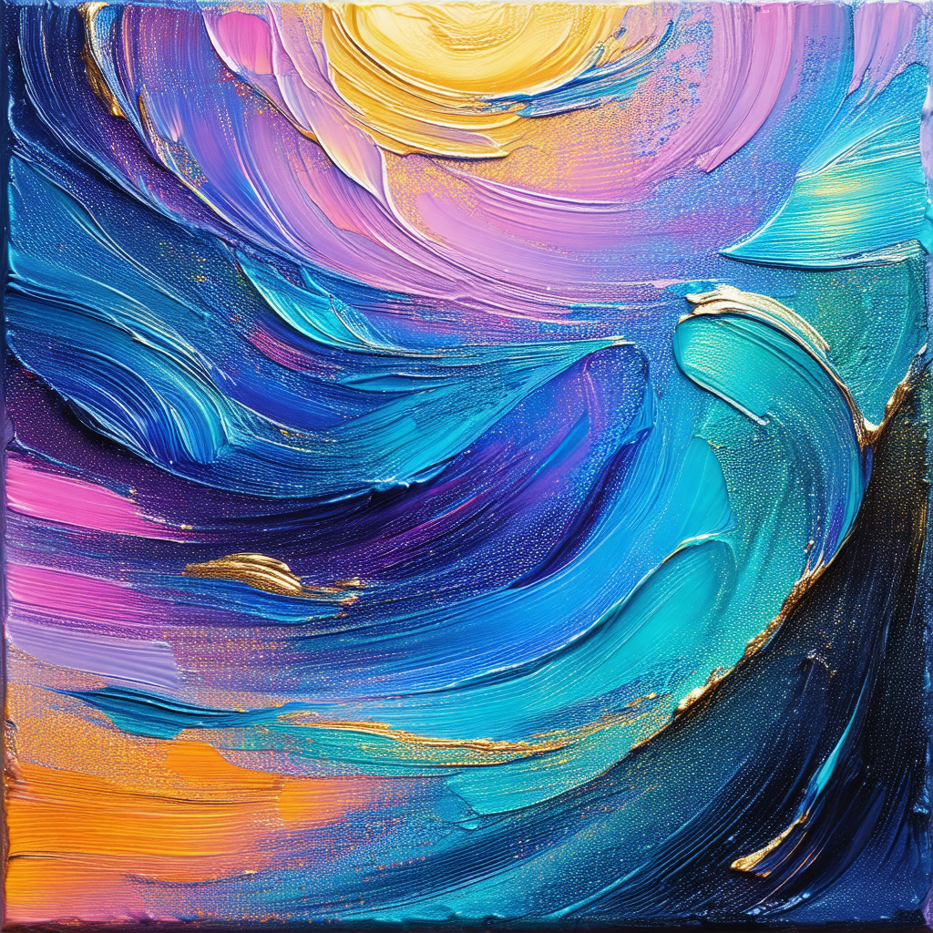 Painting of a sunset, featuring a vibrant orange sky