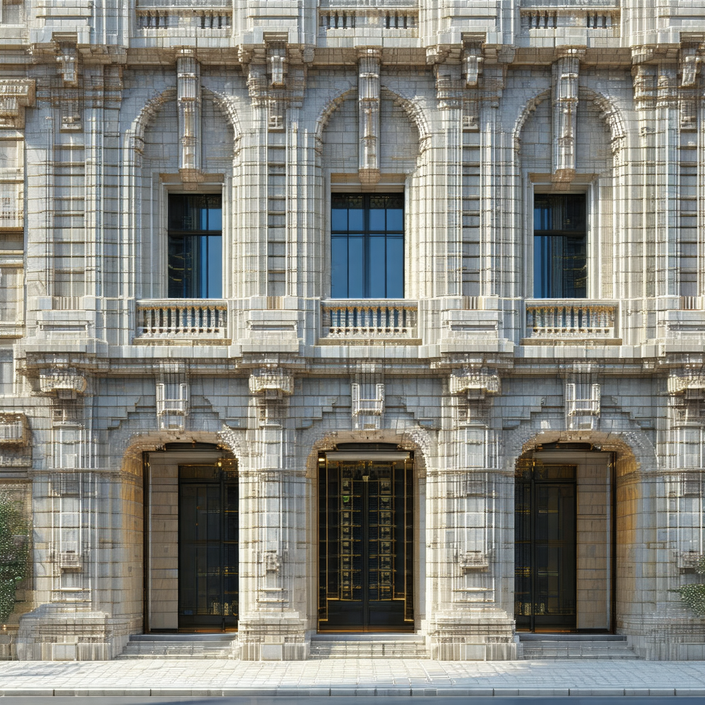 Large, ornate building with a prominent archway