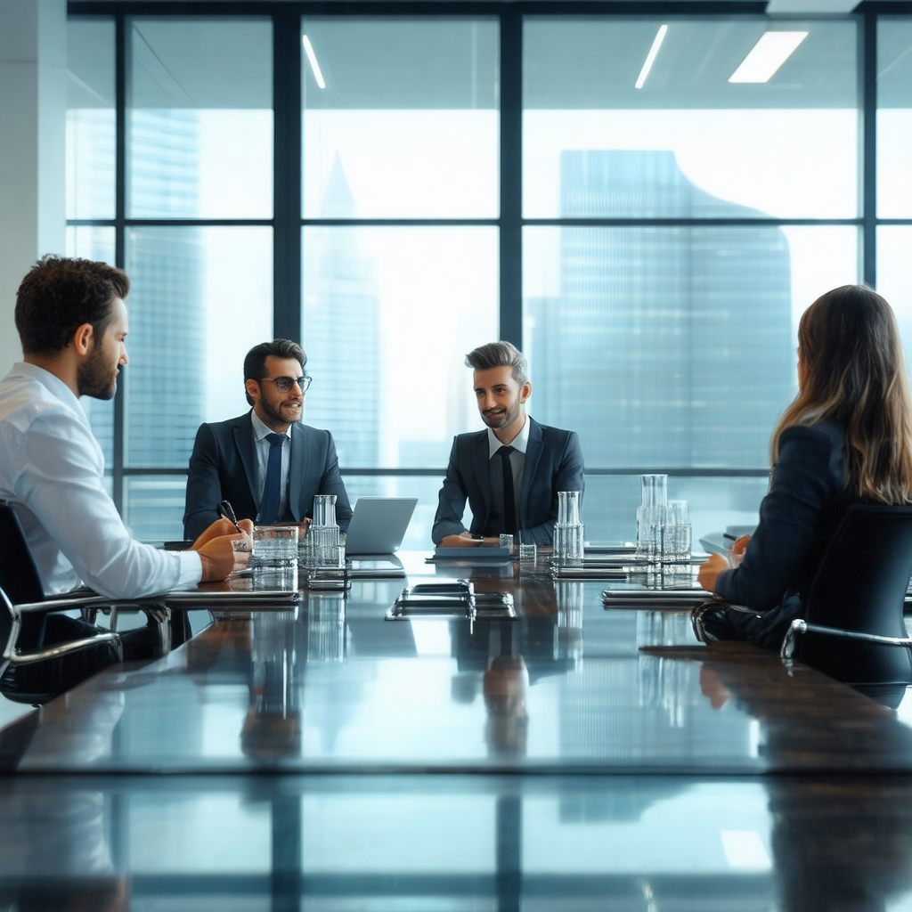 Group of people sitting around a large conference table, ...