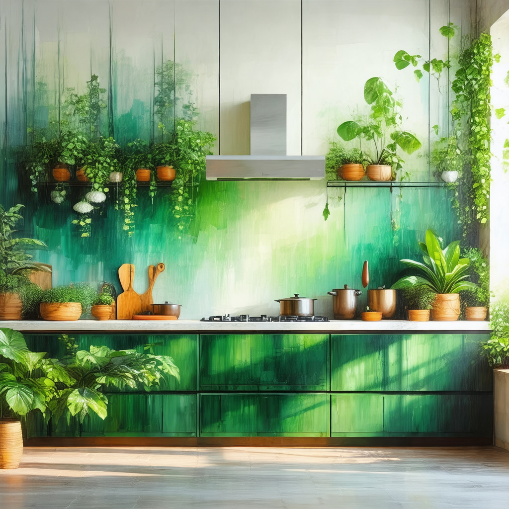 Kitchen with a green and white color scheme