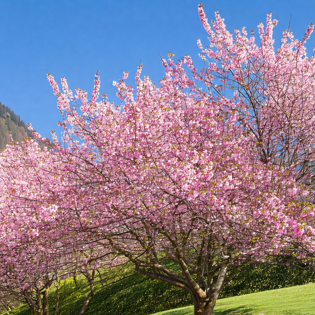 Beautiful tree filled with pink flowers, standing in a gr...
