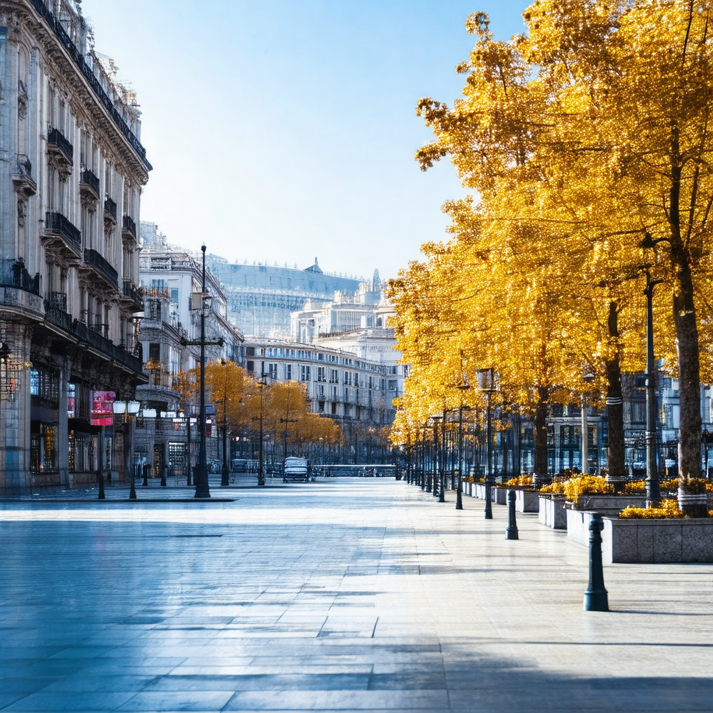 City street with a row of trees lining the sidewalk