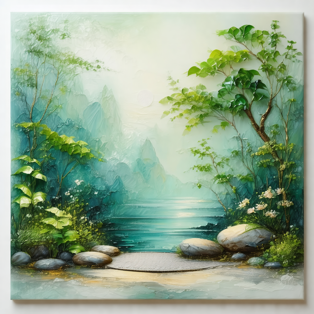 Painting of a forest scene with a body of water in the ba...