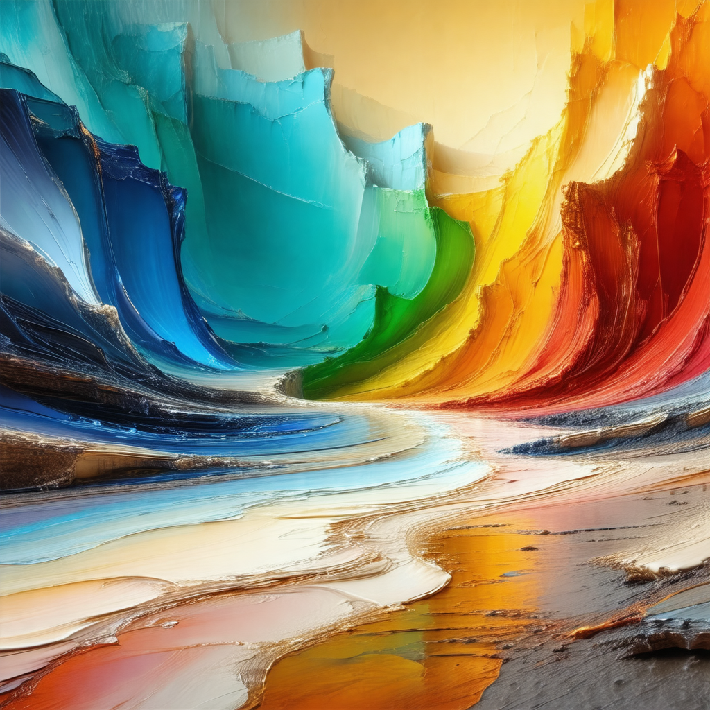 Painting of a colorful landscape, featuring a rainbow-col...