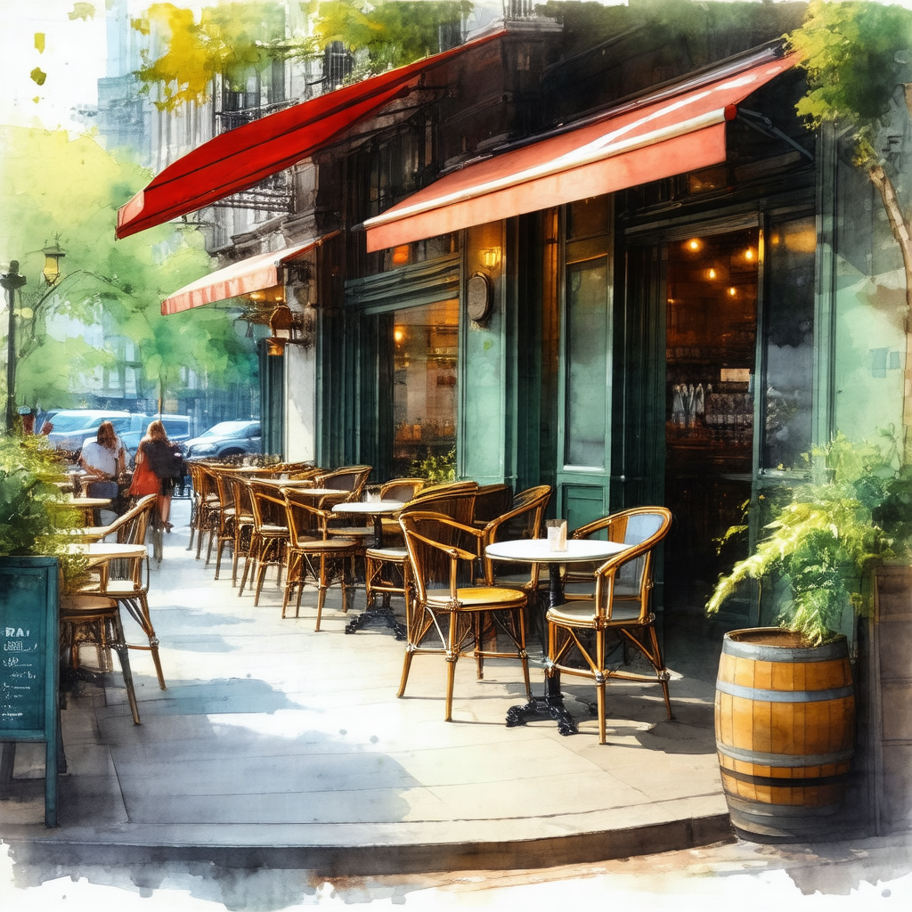 Lively outdoor cafe with a variety of tables and chairs s...