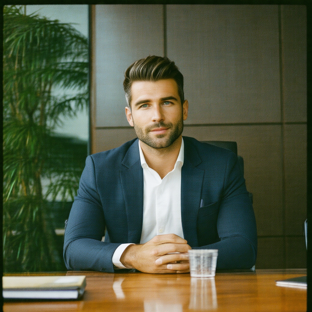 Man wearing a suit and tie, sitting at a desk in an offic...