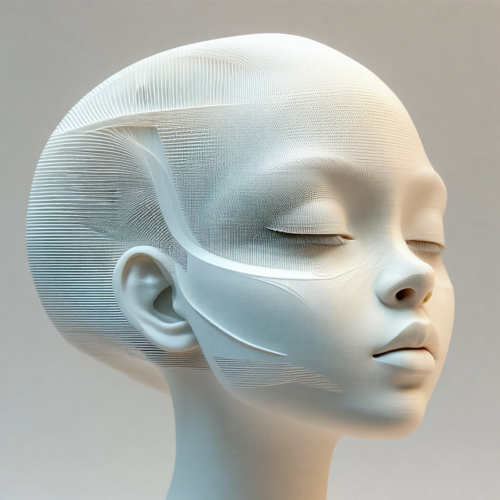White, plastic head with a blue and white design