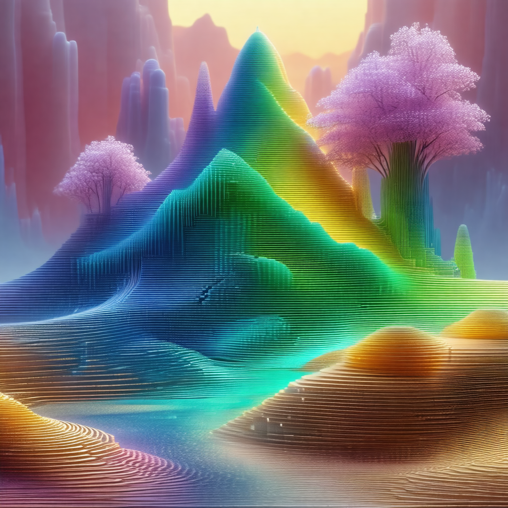 Colorful, computer-generated landscape featuring a mounta...