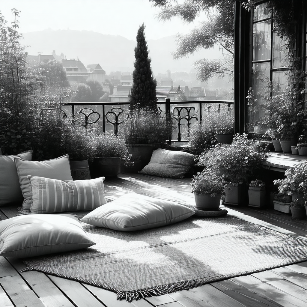Beautiful outdoor patio with a large rug placed on the wo...