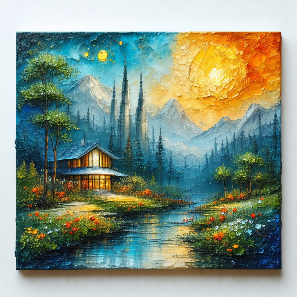 Painting of a beautiful landscape featuring a house situa...