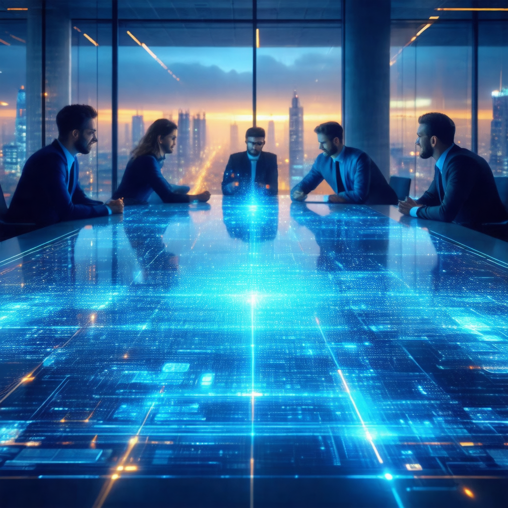 Group of people sitting around a large, blue-lit table
