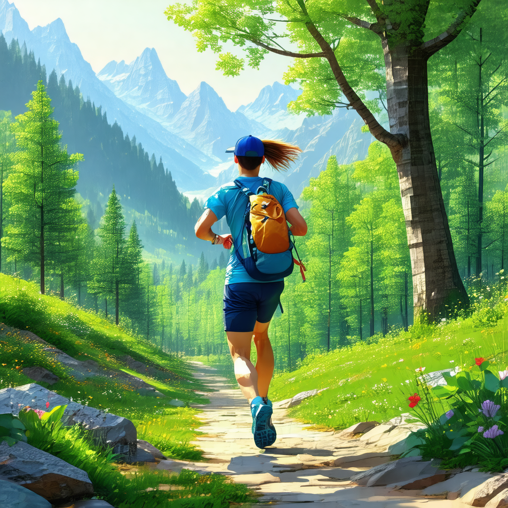 Woman running through a lush green forest