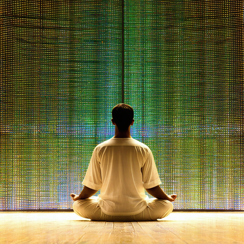 Man sitting in a lotus position on a wooden floor