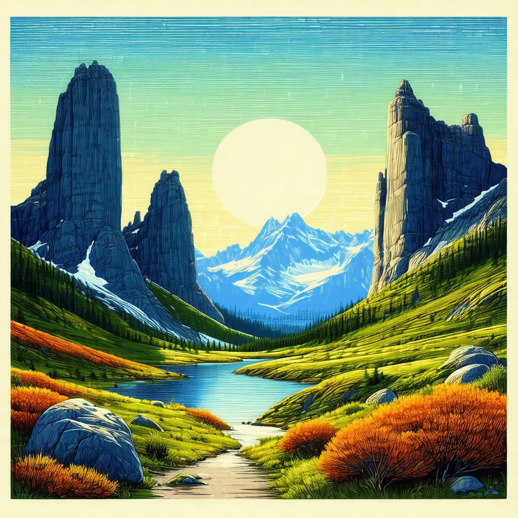 Painting of a beautiful mountain landscape with a river f...