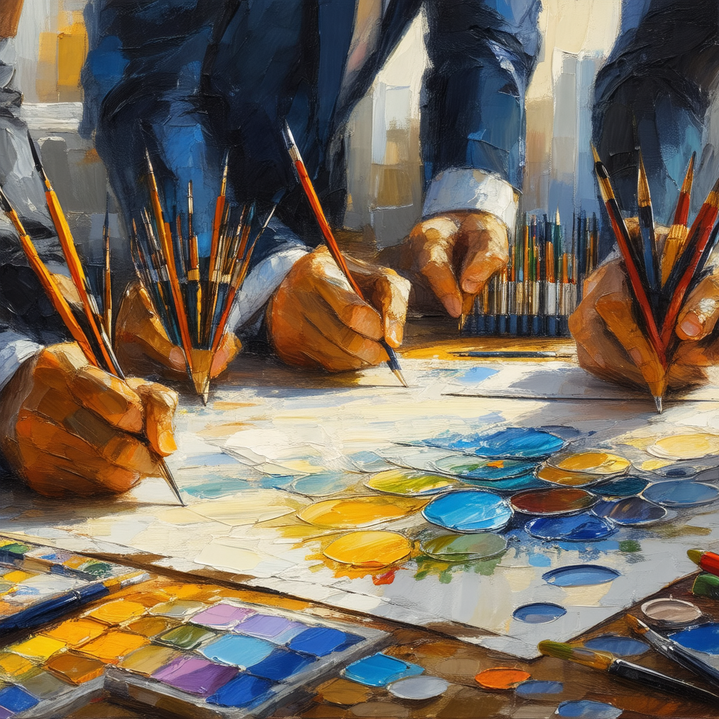 Three men sitting around a table, each holding a pencil a...