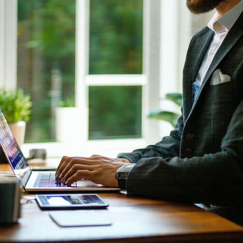 Man wearing a suit and tie, sitting at a desk and working...