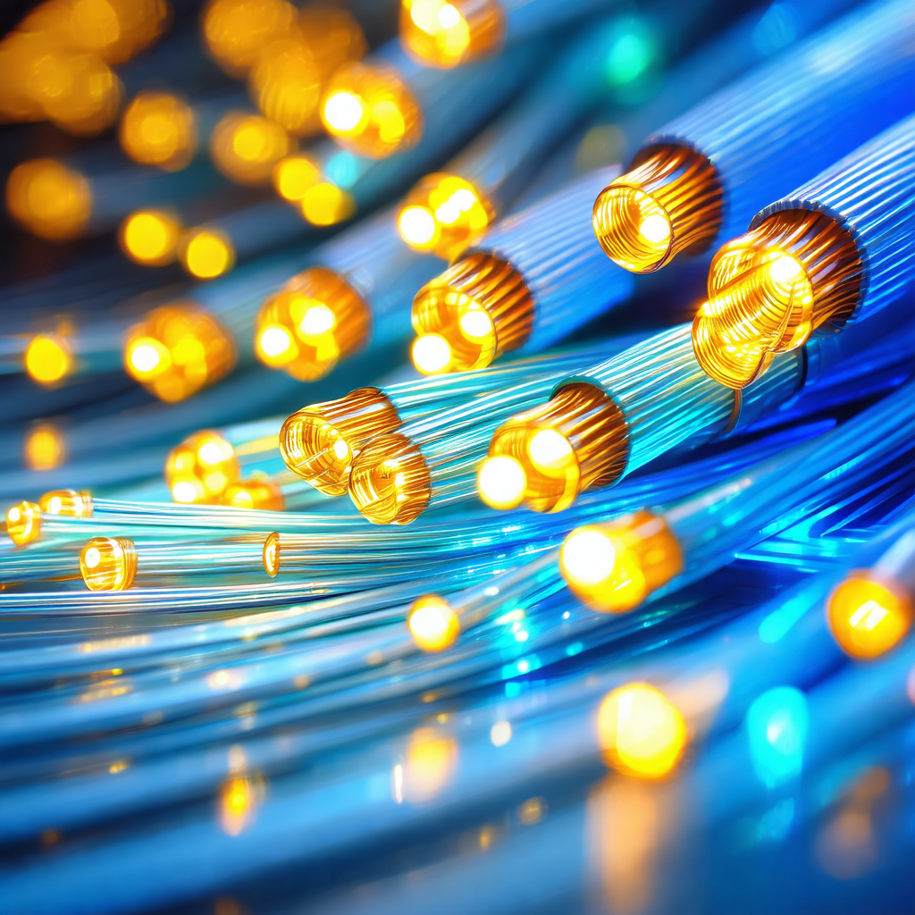 Close-up of a blue wire with yellow lights shining throug...