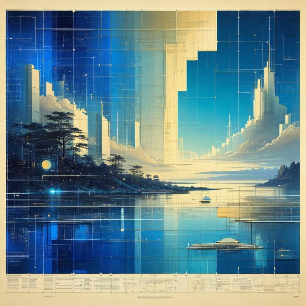 Painting of a futuristic cityscape, featuring a large bod...