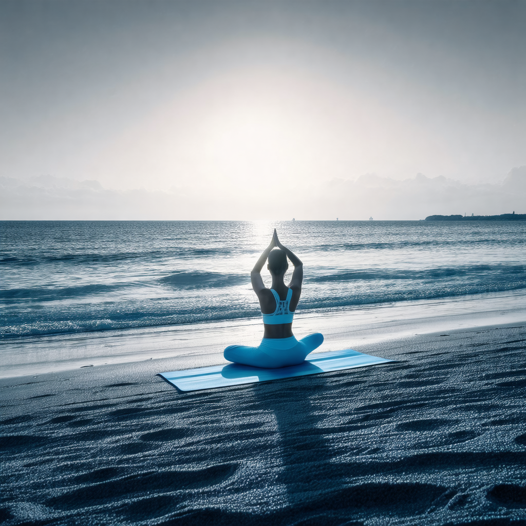 Woman in a white shirt and white pants, sitting on a yoga...