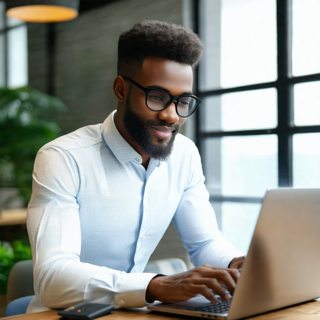 Man wearing glasses, sitting at a desk and working on a l...