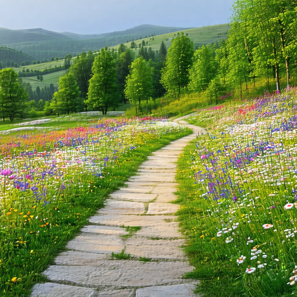 Beautiful, grassy hillside with a dirt path running throu...