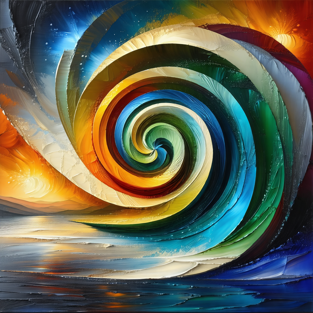 Painting of a spiral, featuring a mix of colors