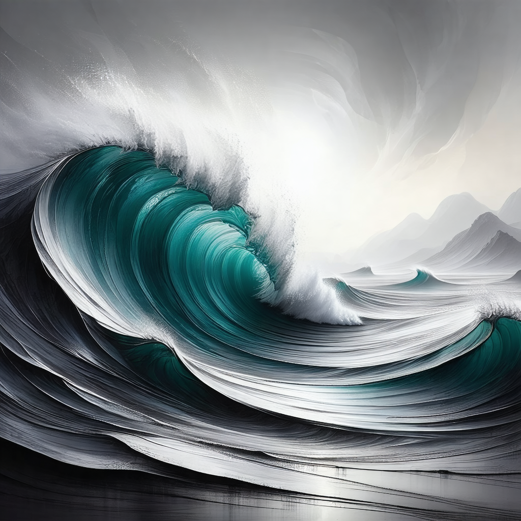 Painting of a large wave crashing into the shore