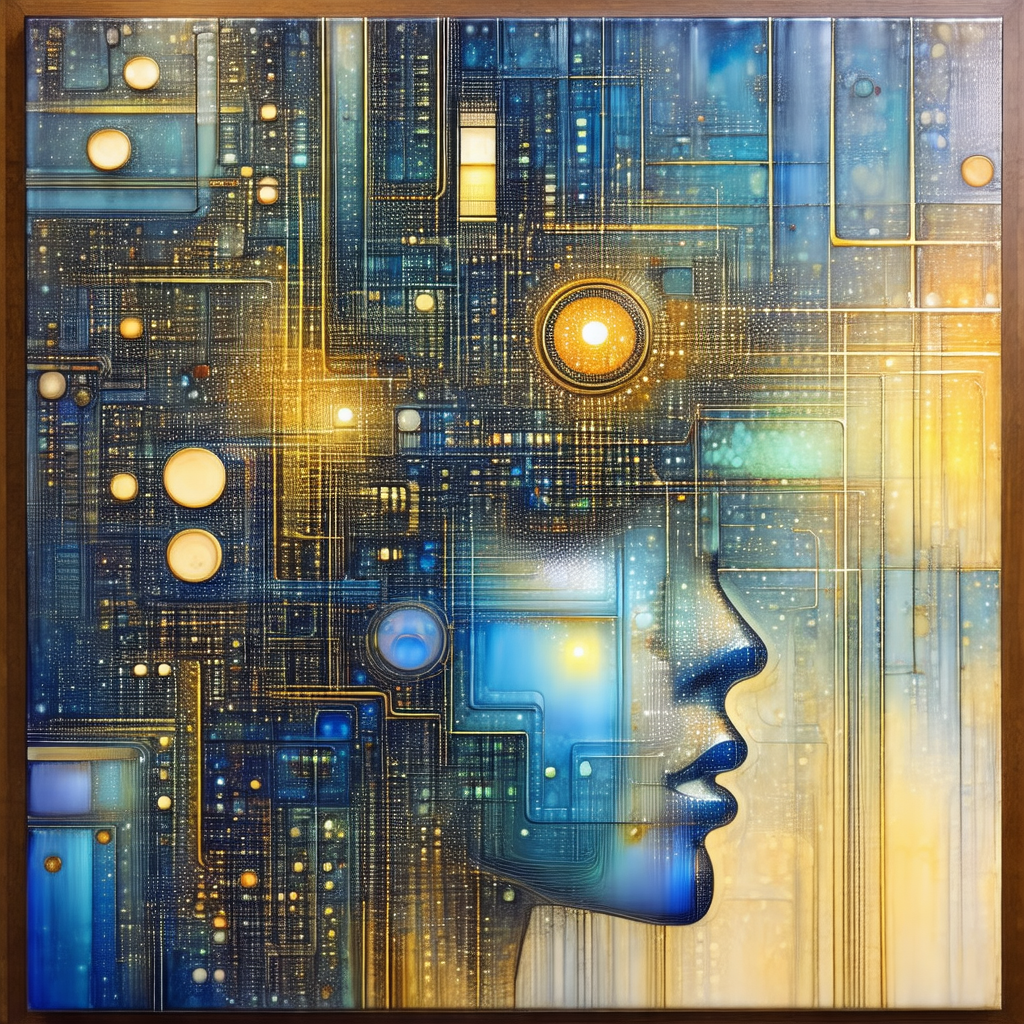 Painting of a person's face, with a blue and yellow color...