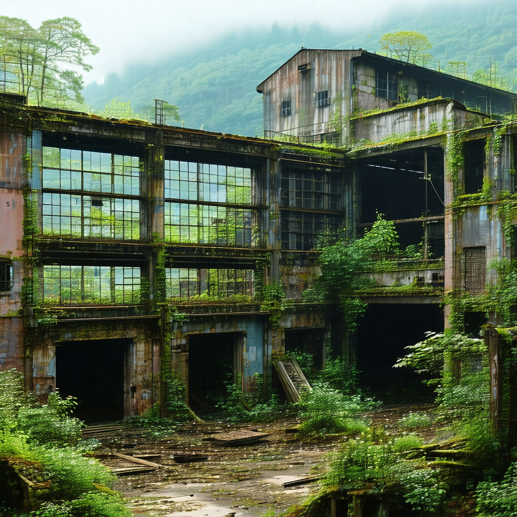 Large, abandoned building with a forest surrounding it