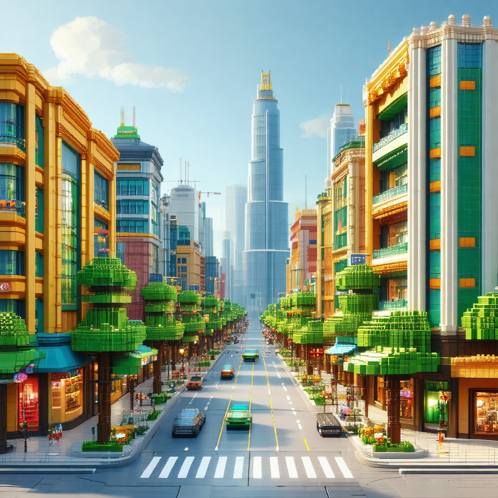 Computer-generated (cgi) depiction of a city street with ...
