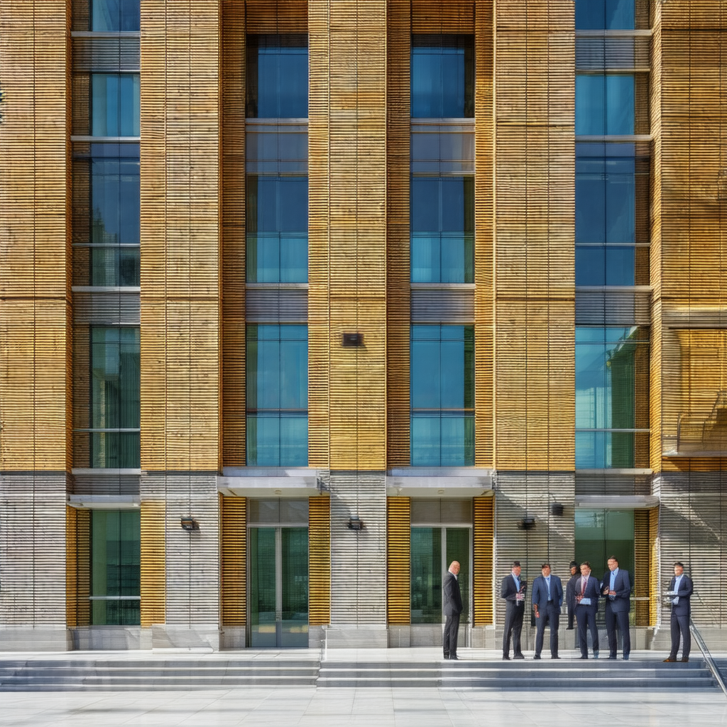 Group of men standing in front of a large building