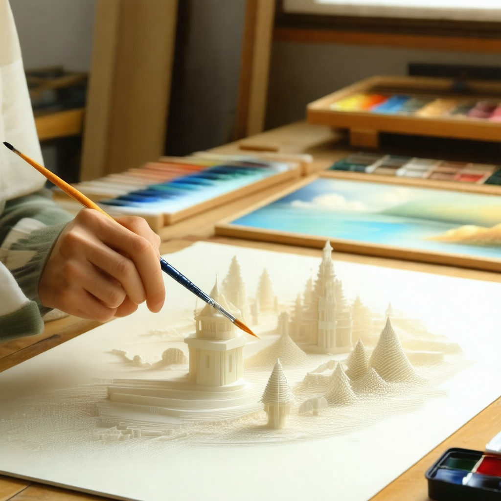 Person sitting at a table, working on a drawing of a city