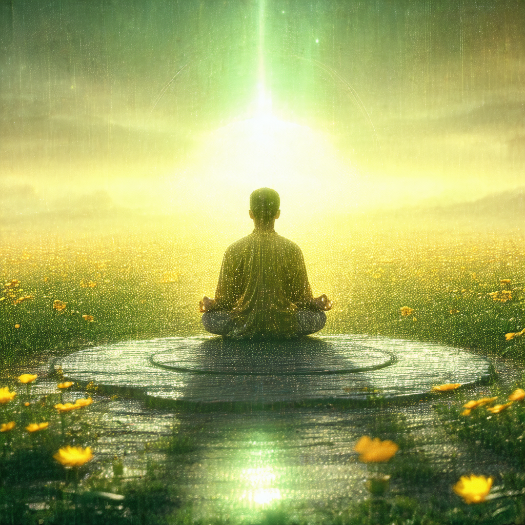 Man sitting in a lotus position on a circular platform, s...