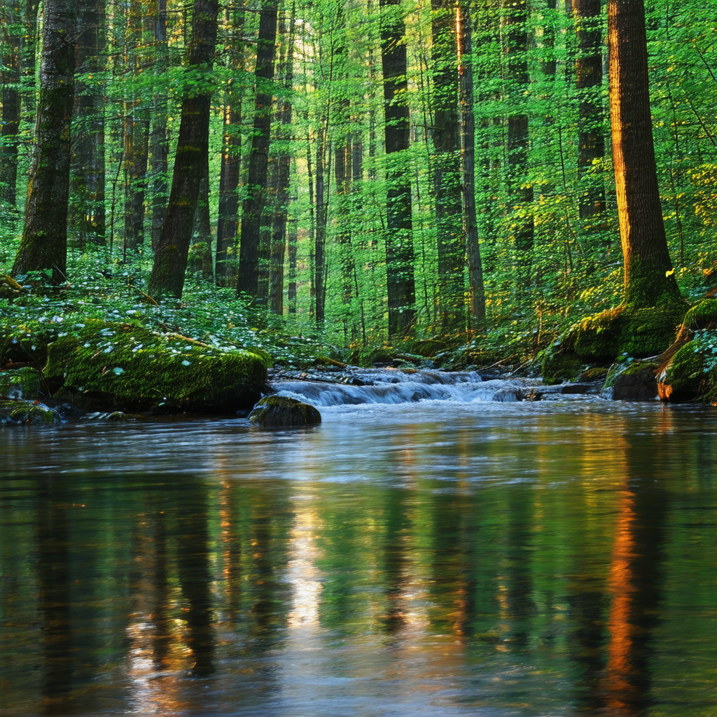 Serene forest scene with a small stream flowing through t...