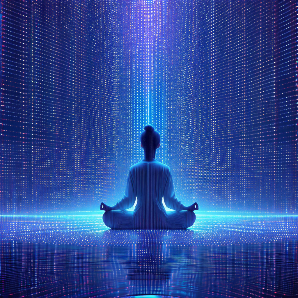 Woman sitting in a lotus position, meditating in a room w...
