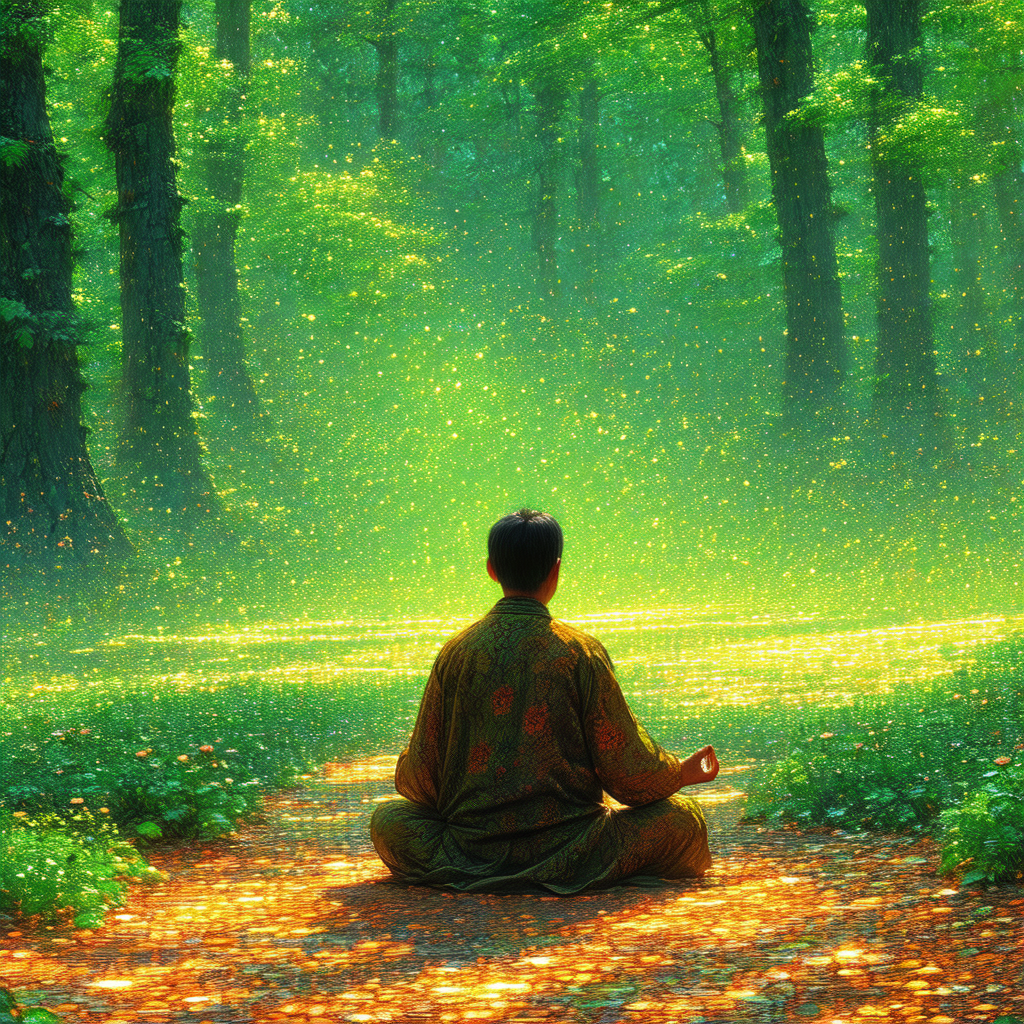 Man sitting in a forest, surrounded by trees